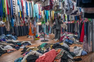 Seorang warga memilih-milih pakaian bekas di Pasar Masomba, Palu, Jumat (28/3/2025). (Foto: bmzIMAGES/Basri Marzuki)